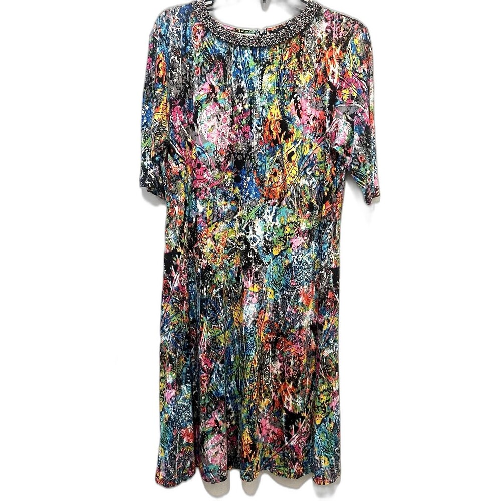 Investments Beaded Neckline Abstract Art Dress Medium Stretch Viscose